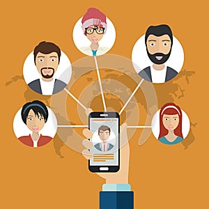 Social network and communication concept. Businessman hand holding mobile smart phone with web icons. Flat vector