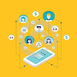 Social network communication Isometric concept illustration People user avatars and speech bubbles