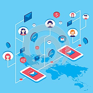 Social network communication Isometric concept illustration People user avatars and speech bubbles