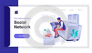 Social network concept 3d isometric web banner with people scene. Man communicates online, chatting with friends and browsing