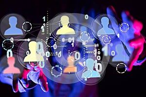 Social Network concept with binary code. Man with futuristic interface of virtual icons