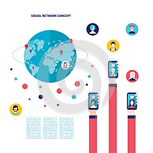 Social network concept Businessman hand with mobile smart phone Global communication infographic elements