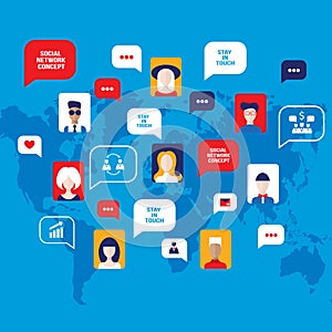 Social network concept People avatars with speech bubbles business icons for web on world map background