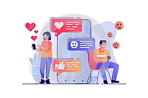 Social network concept with people scene. Vector illustration