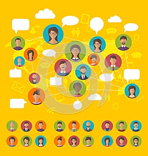 Social network concept on world map with people icons avatars, f