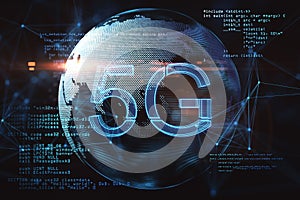 Social network and global wireless connection concept with digital 5g symbol on earth planet globe background with computer