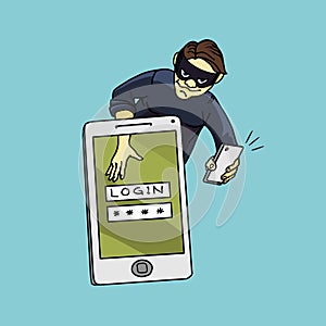 Social network hacker stealing password from smartphone screen, criminal on smart phone