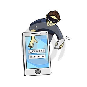Social network hacker stealing password from smartphone screen, criminal on smart phone