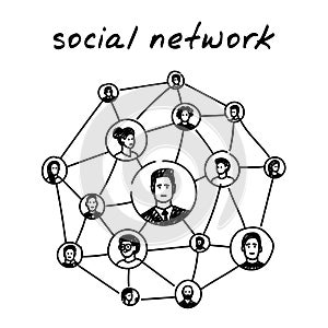 Social network handdrawn illustration. Cartoon vector clip art of a global social networking concept with scheme of connections