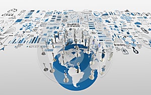 Social network human 3d on the world map and hand drawn business
