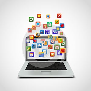 Social network icons cloud with laptop.