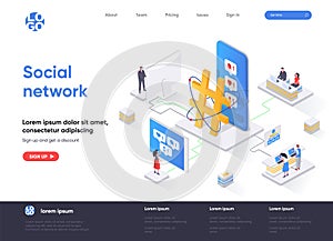 Social network isometric landing page. Internet community communication, social media content sharing, posting message isometry