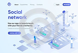 Social network isometric landing page. Mobile communication service, online chatting and media content sharing. Messaging template