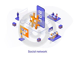 Social network isometric web banner. Internet community communication isometry concept. Social media content sharing 3d scene,