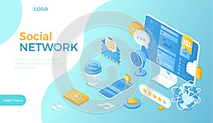 Social Network. Online communication, meetings, messages. Social network page on monitor and phone. Isometric vector illustration