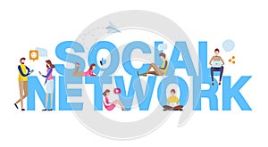 Social network. Online community. People`s using application for social media with big letters background. Flat cartoon vector photo