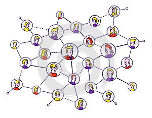 Social network, people communicate. Vector flat illustration. The icons are isolated on a white background. People of the