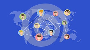 Social Network people connected internet over world map conceptual animation cartoon
