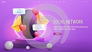 Social network, pink web banner with smartphone on podium surrounded with floating social network elements