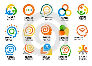 Social network for smart people with creative brain. Support services icon set. Colorful vector logo collection.