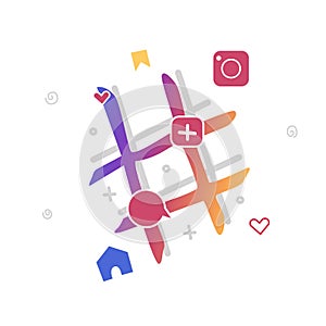 Social network symbols hand-drawn. Big hashtag and around likes.