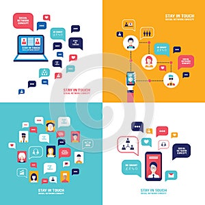 Social Network Technology Banner set People using various electronic devices