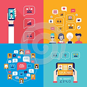 Social Network Technology Banner set People using various electronic devices