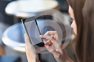 Social network, woman holding smartphone