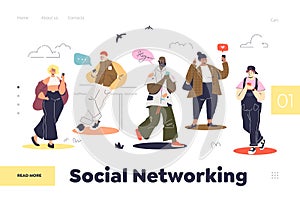 Social networking concept of landing page with people using smartphones for social media