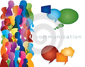 Social networking. Diverse people. Large isolated group people in profile talking silhouette. Speech bubble. Crowd speaks. Concept