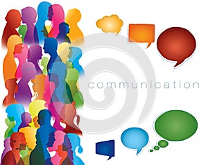 Social networking. Diverse people. Large isolated group people in profile talking silhouette. Speech bubble. Crowd speaks. Concept