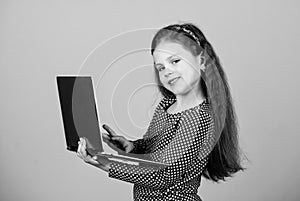 Social networks and blog. Information source. Blogging concept. Girl with laptop computer. Little child using pc