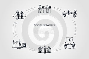 Social networks - business people in office comminicating with laptops and displays vector concept set