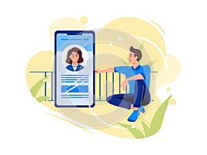 Social networks, chatting, dating app. Young man are sitting near big smartphone and talking to woman in the phone. Flat vector