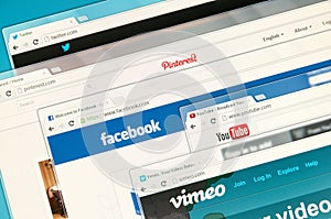 Social networks on a computer screen. Facebook, Twitter, Vimeo, Youtube and Pinterest