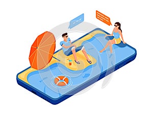 Social networks, internet communication. Man and woman chatting together sitting on the smartphone. Screen like water pool. Beach