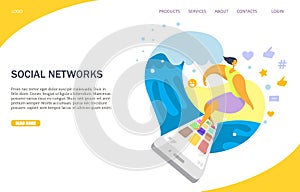 Social networks vector website landing page design template