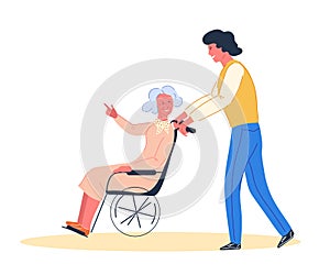 Social or nursing home worker and wheelchair with senior disabled women.