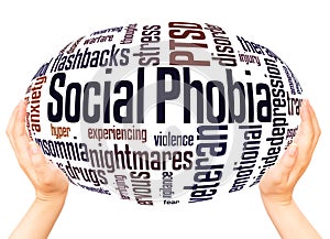 Social phobia and PTSD word cloud hand sphere concept