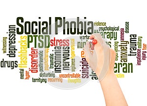 Social phobia and PTSD word cloud hand writing concept