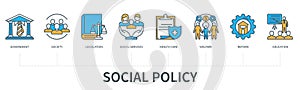 Social policy concept with icons in minimal flat line style