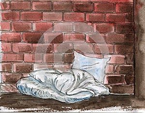 Social problem of homelessness - watercolor hand-drawn illustration