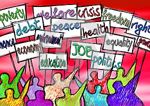 Social problems concept image. A group of people protest to enforce their rights