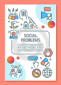 Social problems poster template layout. Social disorganization, conflicts, crimes. Banner, booklet, leaflet design with