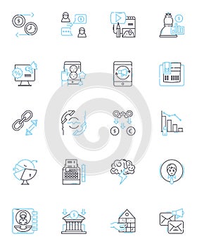 Social promotion linear icons set. Awareness, Engagement, Shareability, Influence, Virality, Amplification, Connection photo