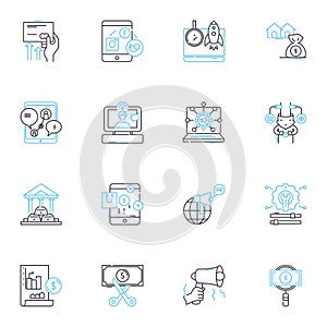 Social promotion linear icons set. Awareness, Engagement, Shareability, Influence, Virality, Amplification, Connection photo