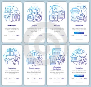 Social protest onboarding mobile app page screens vector templates set. Public demonstration and boycott walkthrough