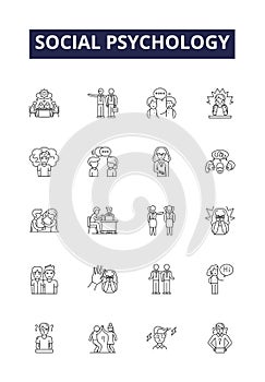 Social psychology line vector icons and signs. psychology, attitudes, behavior, beliefs, conformity, aggression