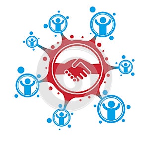 Social Relations conceptual logo, unique vector symbol. Hands contacting and Handshake sign, social deal.