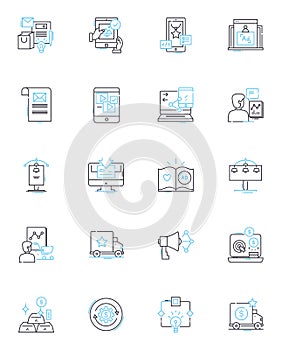 Social research linear icons set. Sampling, Surveys, Questionnaires, Focus groups, Observations, Experiments, Data line photo